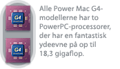 Alle Power Mac G4-modellerne har to PowerPC-processorer, der har en fantastisk ydeevne på op til 18,3 gigaflop.