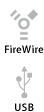 Symboler for FireWire og USB.