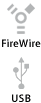 Symboler for FireWire og USB.