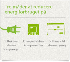 Tre måder at reducere energiforbruget på: Effektiv strømforsyning, lavspændingskomponenter, software til strømstyring.